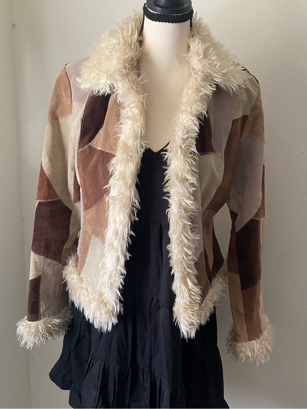 Static Patchwork Genuine Leather Faux Fur Trim Jacket - Cream & Brown